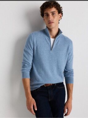 Quince Men's Mongolian Cashmere Quarter Zip Sweater in Faded Denim Size Large